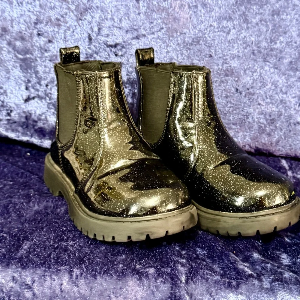 Kids Glitter Chelsea‎ Boots Black Metallic Sparkle Pull On Chunky Sole Size 9